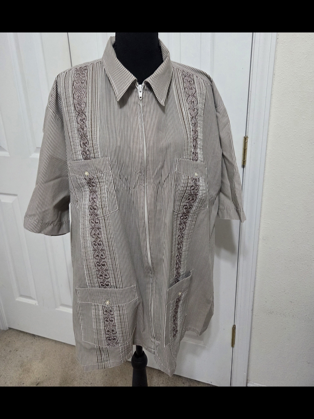 Men's Short Sleeve Dress Shirt in Brown Stripe with Embroidered Panels